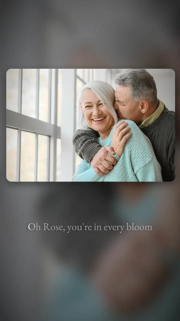 An example photo lyric video: photos of a smiling older couple, with a line of the song lighting up as it's sung