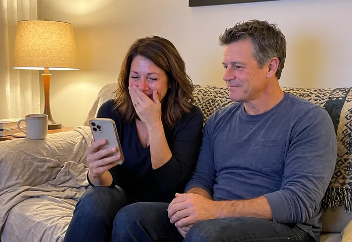 A woman covers her smile as she hears a song on her phone, her husband smiling beside her on the couch