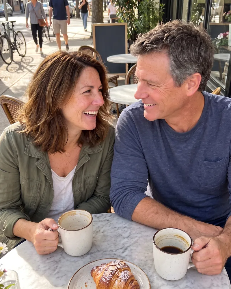 A laughing couple at a small café table