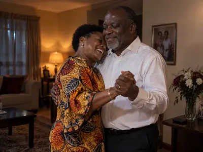 An older couple slow dancing in their living room, smiling