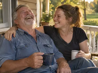 A father laughs on the porch, coffee mug in hand, as his grown daughter leans on his shoulder