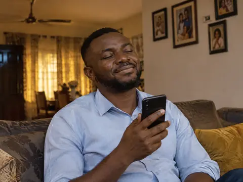 A man smiling with his eyes closed, listening to a song on his phone