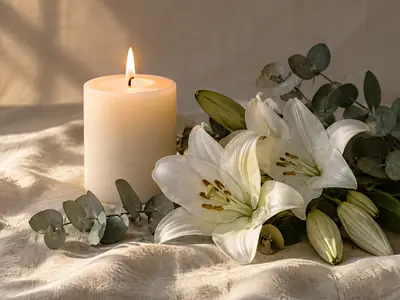 A lit candle beside white lilies and eucalyptus on soft linen