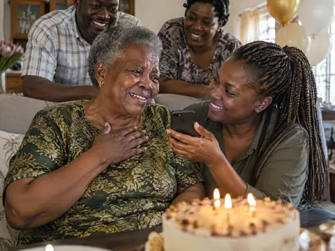 A grandmother holds her hand to her heart as her granddaughter plays her a song beside her birthday cake