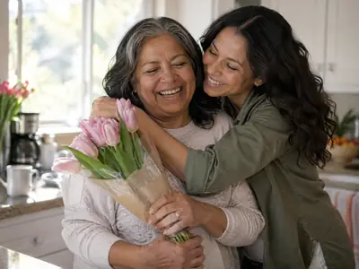 A daughter hugs her smiling mother, who is holding a bunch of pink tulips