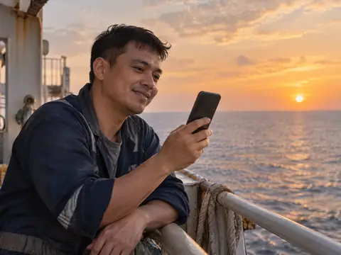 A man on the deck of a ship at sunset, smiling at a song on his phone