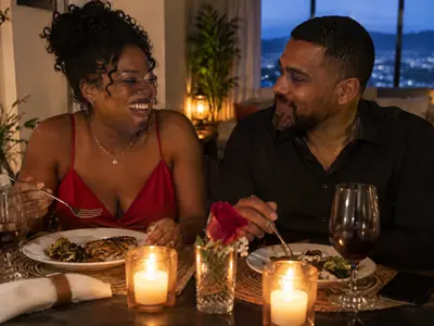 A couple laughing together over a candlelit dinner at home